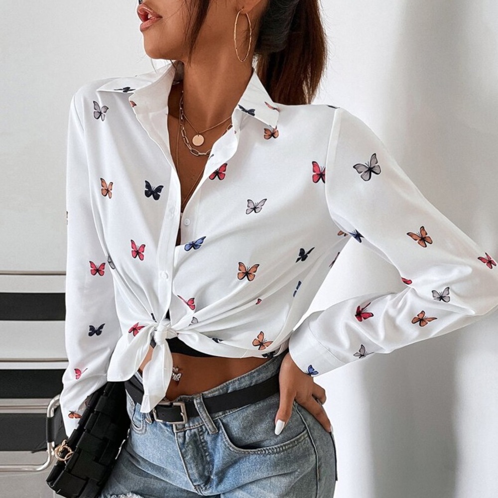 Boho Butterfly Print Button up Top Work Classic - Picture 5 of 6